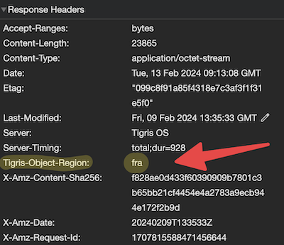 A screenshot of the response headers for downloading a single image. The response header 'Tigris-Object-Region' shows 'fra' as the region from where the file was served.