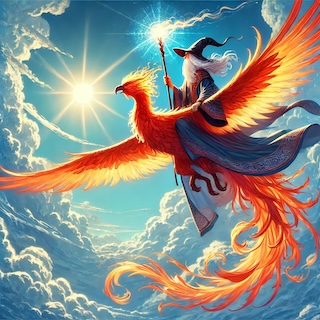 A wizard riding a phoenix into the blue skies.