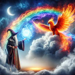 A wizard sending an image into a cloud, with a rainbow in the background and a phoenix sitting next to the wizard.