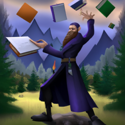 a wizard's apprentice juggling documents while standing on a large book, forest landscape in the background, digital art