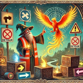 A wizard in an orange safety vest redirecting a phoenix between ornate boxes, surrounded by playful detour signs.