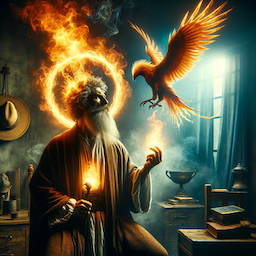 A wizard wearing a flaming halo as a crown on his head, with a majestic phoenix in the background and a hat hanging on the wall. The scene captures a mystical and awe-inspiring atmosphere.