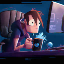 A developer holding a mug of coffee with shaky hands staring at a computer
