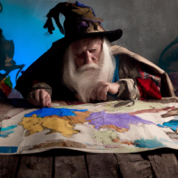 an old map with marked countries and their flags lying on a wooden table, old wizard hunching over the map, digital art