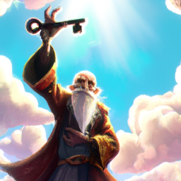 an old wizard throwing a big key into the cloudy sky, digital art