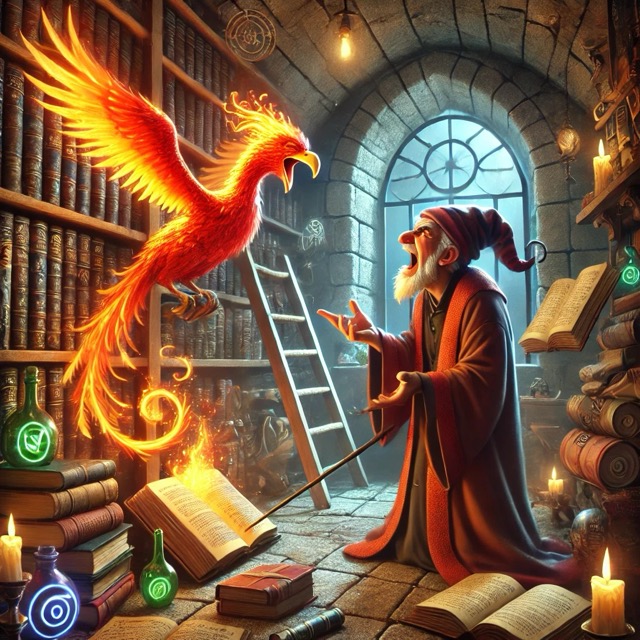 A phoenix mocking a wizard in his library.