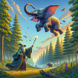 A wizard catching an elephant that flies through the air, forest landscape in the background, digital art