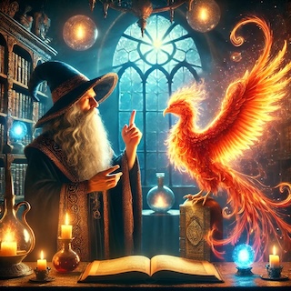 A wizard lecturing a phoenix in his laboratory.