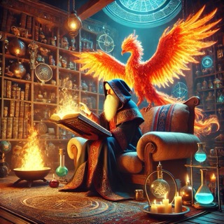 A wizard sitting on a comfy couch chair while reading a Saga from a book to a Phoenix.