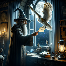 a wizard sending an owl with a letter through the window.
