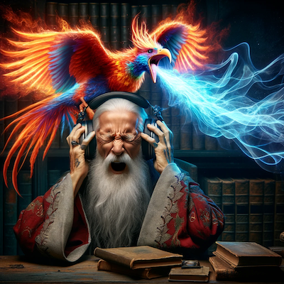 An elderly wizard, looking desperate as he tries to block out the intense singing of the phoenix. The scene captures his overwhelming distress in a vivid and colorful setting.