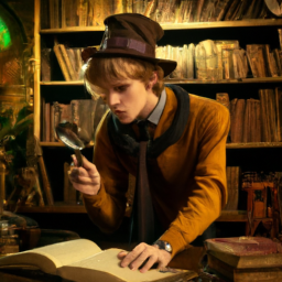 a young wizard apprentice looking at a book with a magnifying glass in an old library, digital art