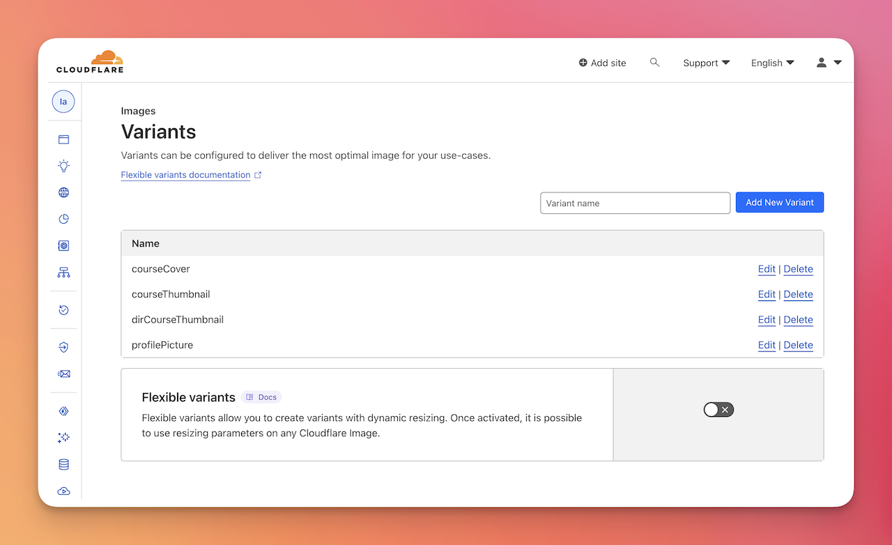 The overview of my cloudflare image variants. The variants are courseThumbnail, courseCover, dirCourseCover, and profilePicture