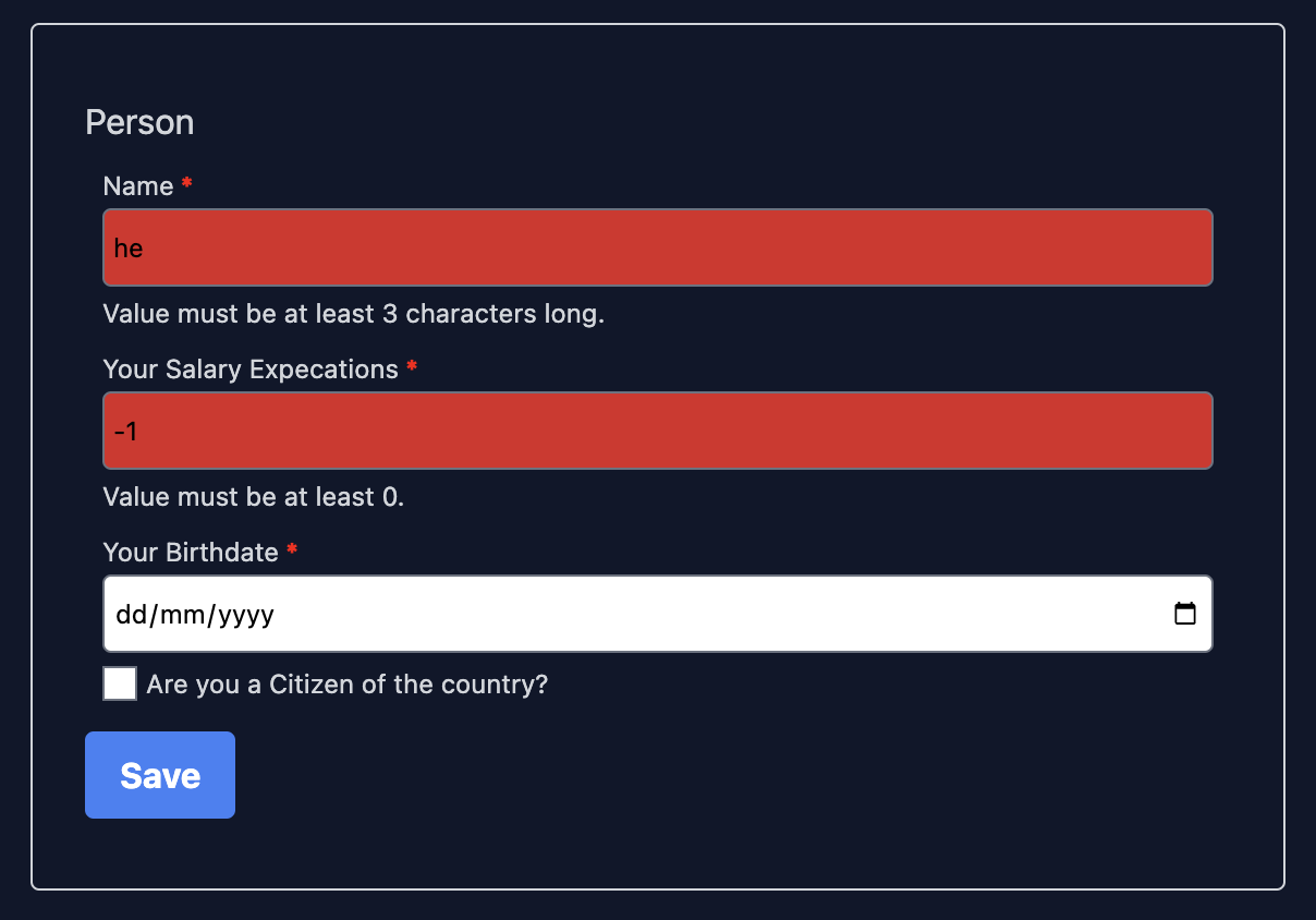 A form with four fields that show errors.