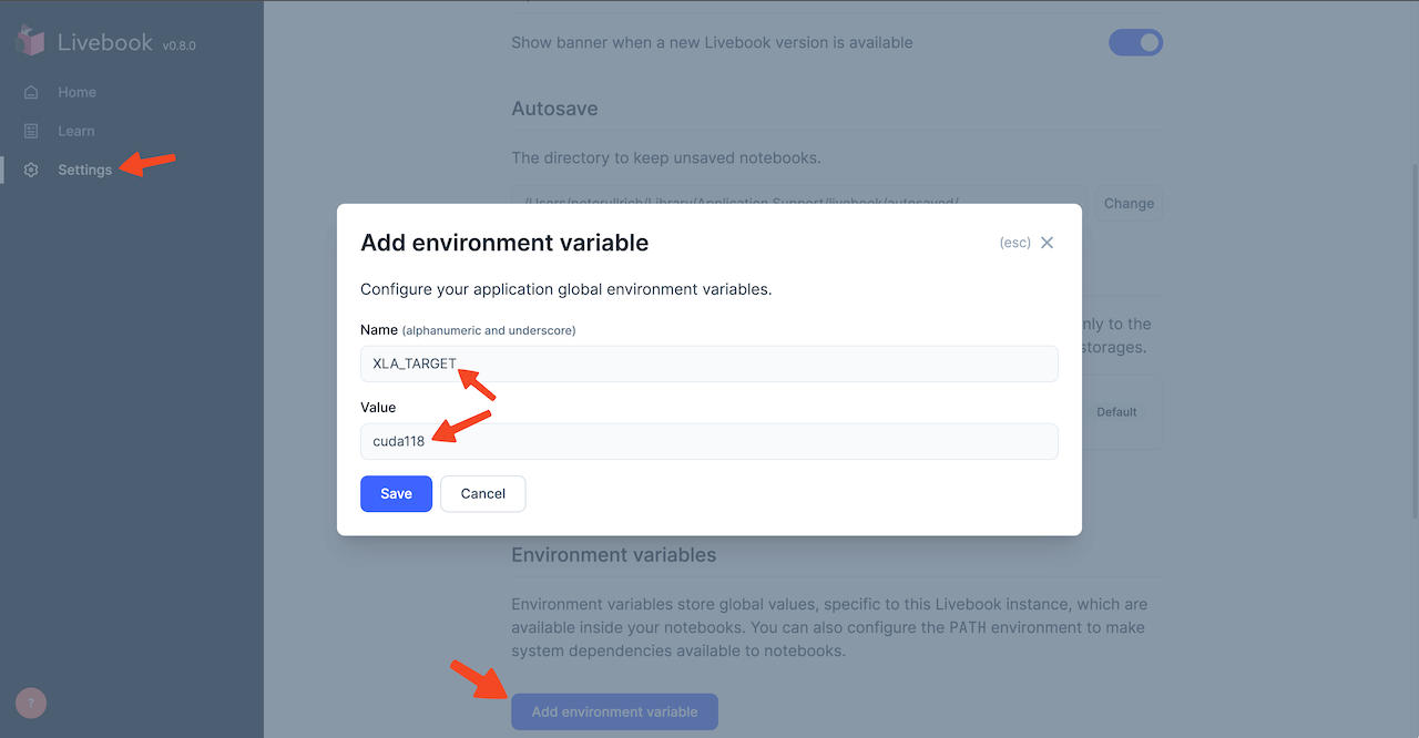 Set the XLA TARGET environment variable in your Livebook