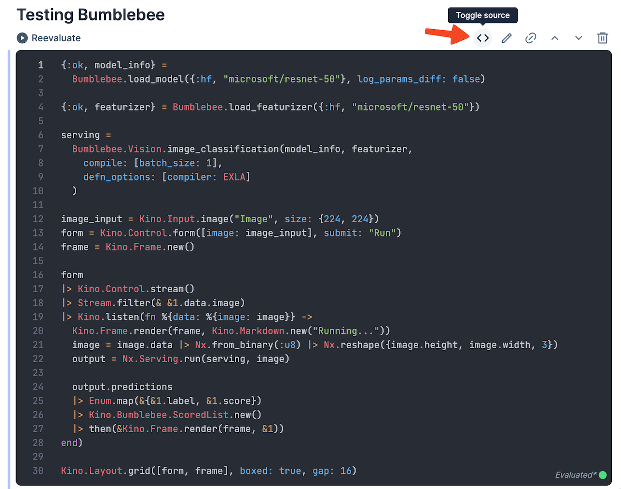 An alternative way of viewing the smart cell code by clicking the toggle source button