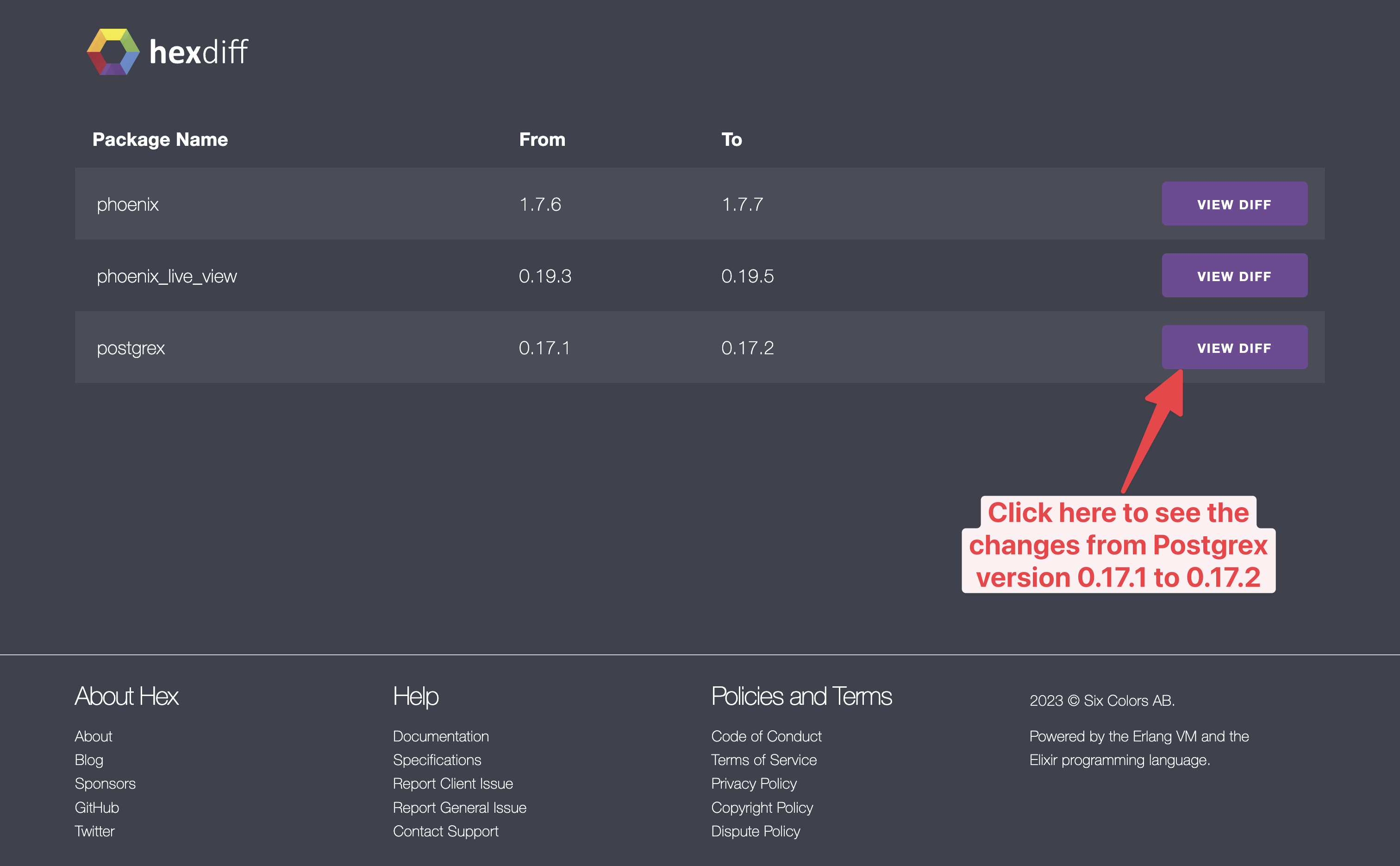 A screenshot of diff.hex.pm that shows three packages that can be updated automatically. Next to every package, there is a ‘diff’ button that takes the user to a website that shows the changes of the previous version to the latest version.