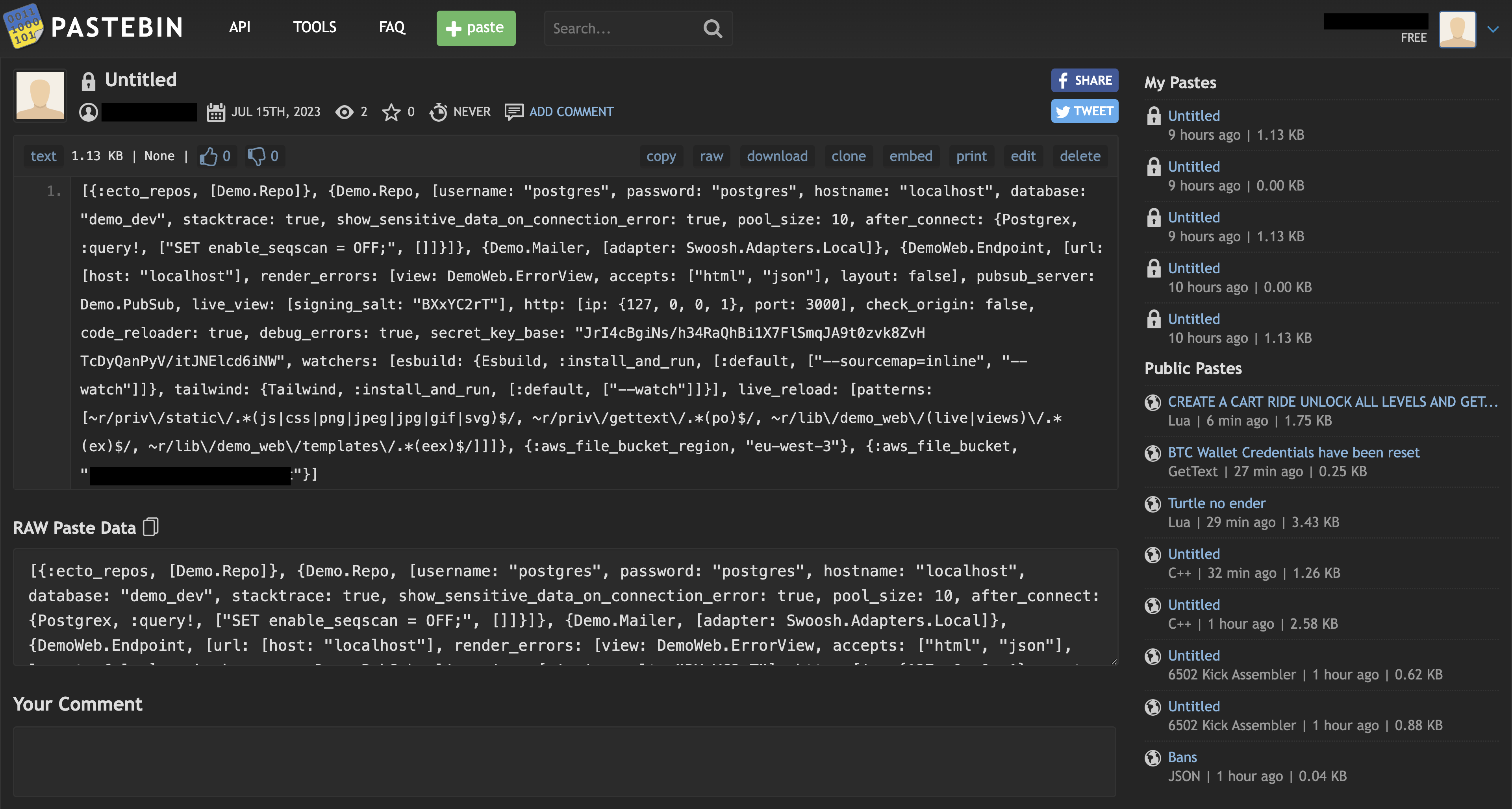 A screenshot of a file on Pastebin that contains the application’s configuration including postgres credentials, secret key base, and more.