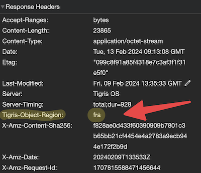 A screenshot of the response headers for downloading a single image. The response header ‘Tigris-Object-Region’ shows ‘fra’ as the region from where the file was served.