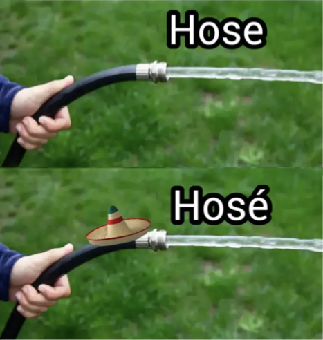 A meme with a hand holding a hose and the text above it ‘hose’. Then, another hand holding another hose with the text ‘hosé’ above it. The second hose wears a little sombrero.